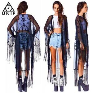 "🦋💋HOT ITEM! 💋🦋VTG 2013 UNIF Black "Wiccan" Embroidered Fringed Maxi Kimono